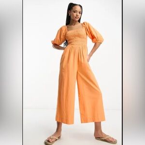 Asos Design Smocked Puff Sleeve Wide‎ Leg Stretch Bodice Orange Jumpsuit Size 6